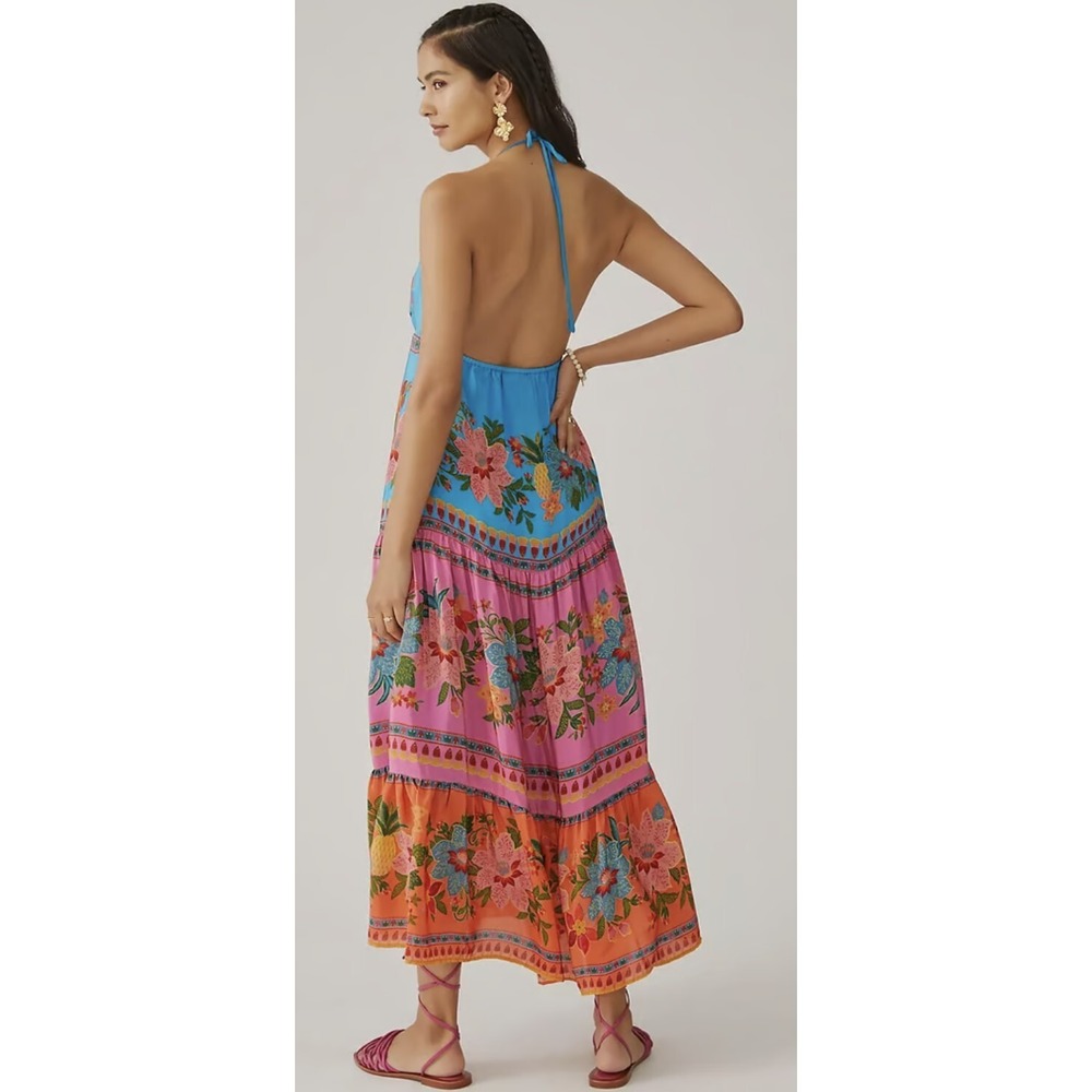 Farm Rio V-Neck Dress Anthropologie Halter Floral Tiered Sundress Cover XS NEW - Picture 2 of 15
